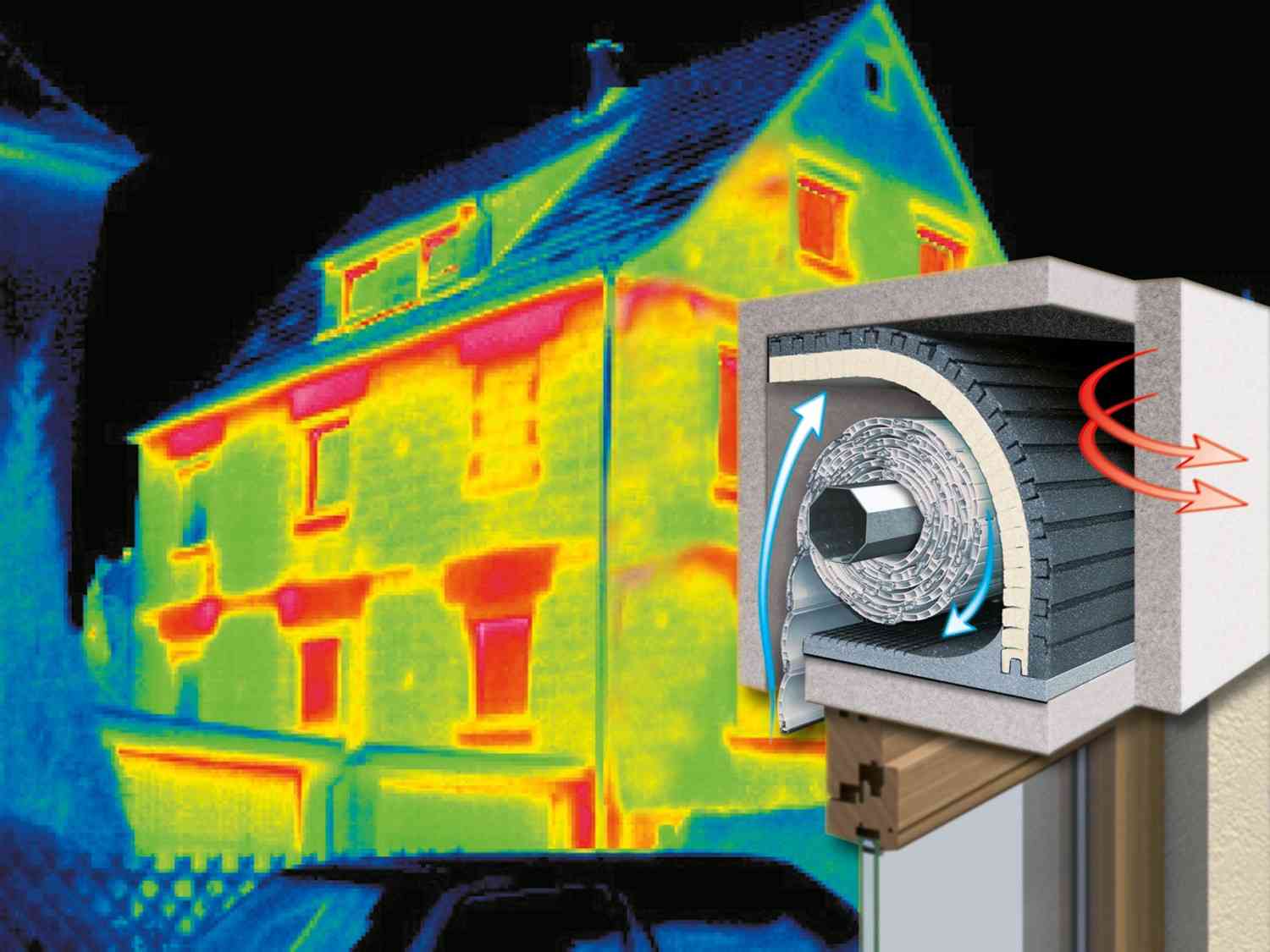 Ein Foto mit der Wärmebildkamera zeigt die Schwächen in der Hausdämmung auf. Die Rollladendämmung kann hier viel bewirken 