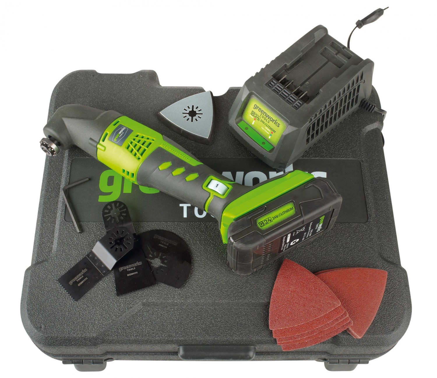 Serientest: Greenworks 24-V-Akku-Multitool 3600207a, Greenworks 24-V-Akku-Stichsäge 3600007a, Bild 2 Multigeräte Akku Greenworks 24-V-Akku-Multitool 3600207a, Greenworks 24-V-Akku-Stichsäge 3600007a im Test , Bild 2