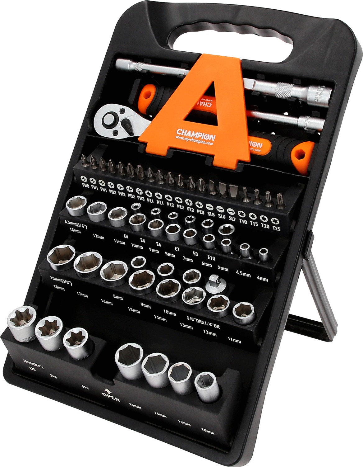 61 Teile, null Sucherei: Champion Steckschlüsselsatz 61-teilig 070220240061, Bild 2 Handwerkzeug-Sets Champion Steckschlüsselsatz 61-teilig 070220240061 im Test, Bild 2
