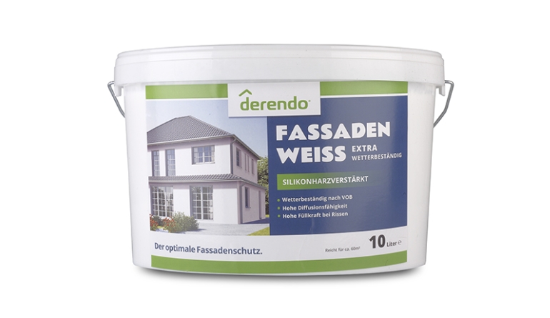 Schnell weiss: Derendo Fassadenfarbe weiss extra wetterbeständig, Bild 1 Aussenfarben-Wand Derendo Fassadenfarbe weiss extra wetterbeständig im Test, Bild 1
